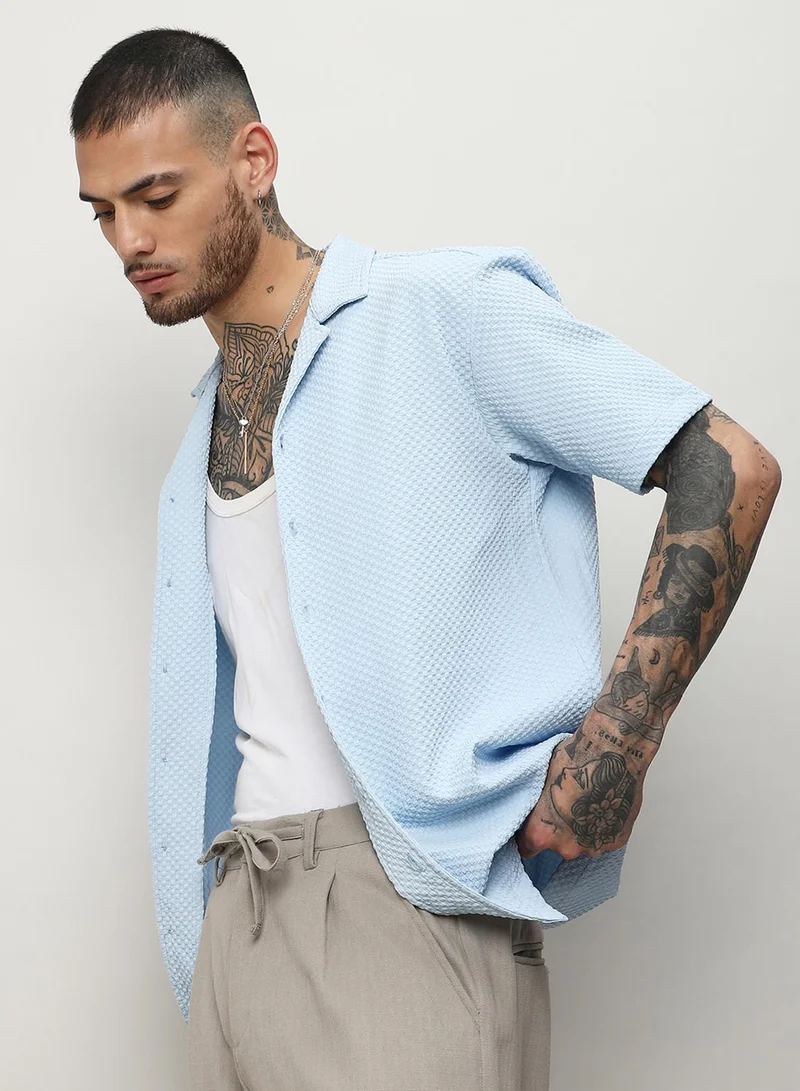 Campus Sutra Men's Light Blue Self-Design Block Shirt