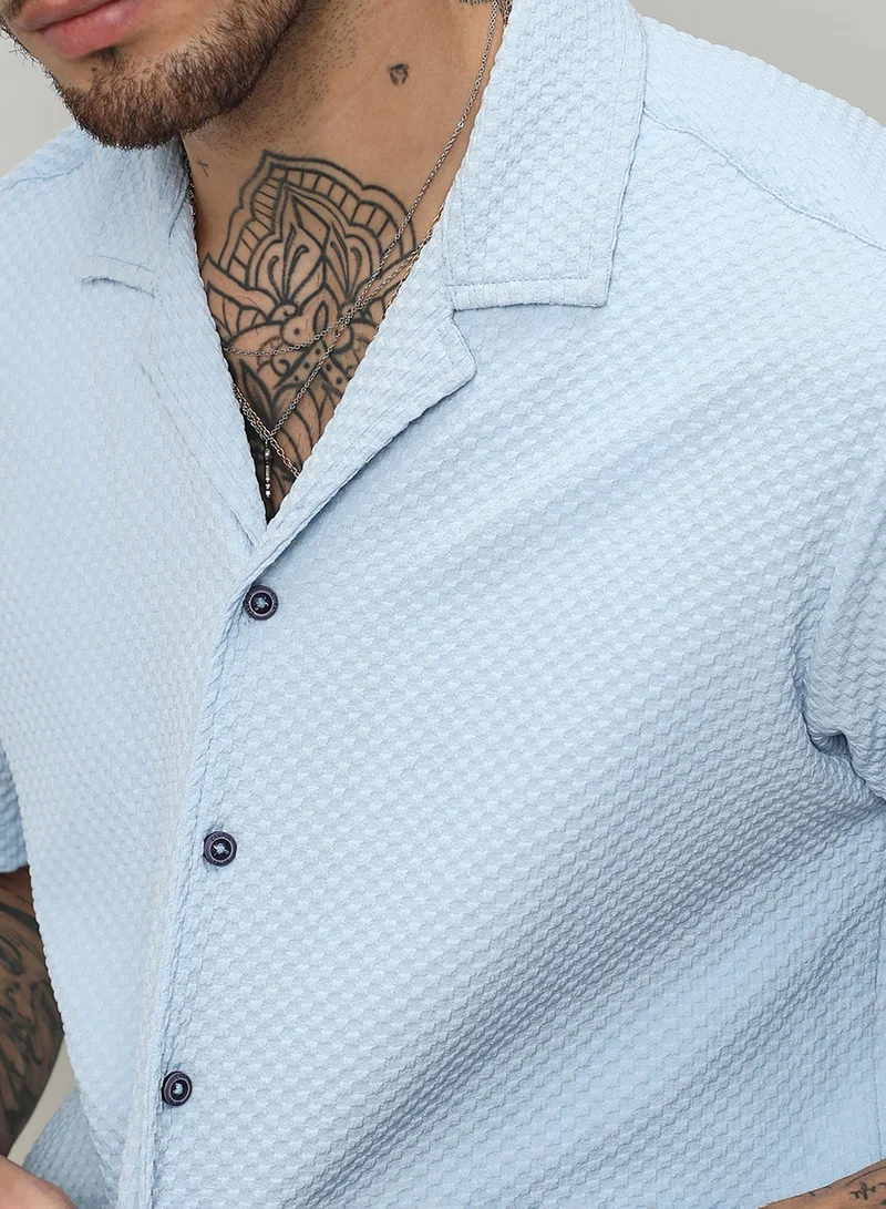 Campus Sutra Men's Light Blue Self-Design Block Shirt