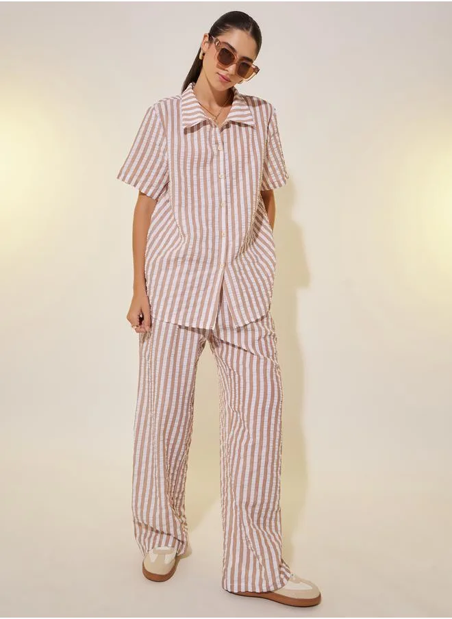 Take Two Striped Short Sleeve Shirt and Straight Leg Pants Set