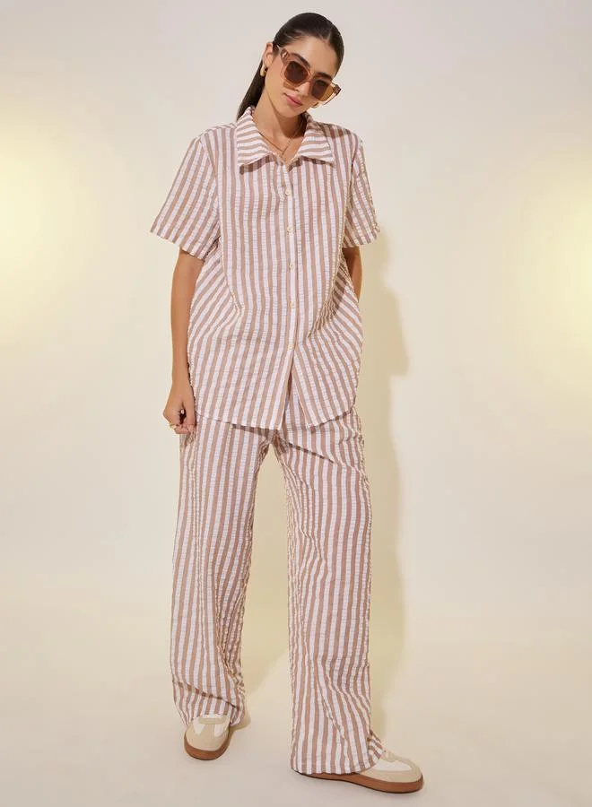 Take Two Take Two Striped Short Sleeve Shirt and Straight Leg Pants Set