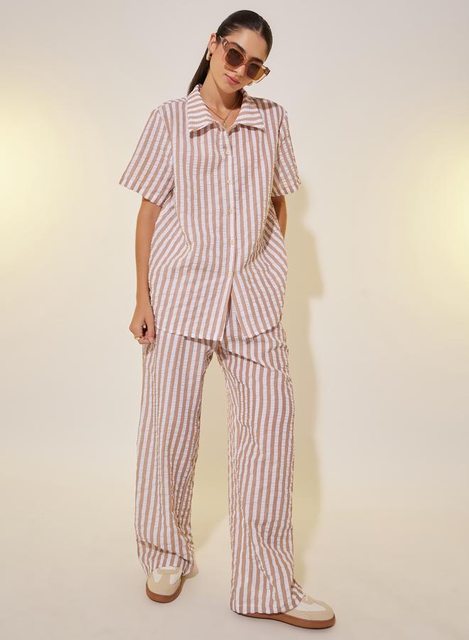 Take Two Striped Short Sleeve Shirt and Straight Leg Pants Set