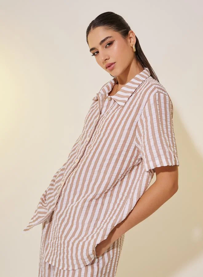 Take Two Take Two Striped Short Sleeve Shirt and Straight Leg Pants Set