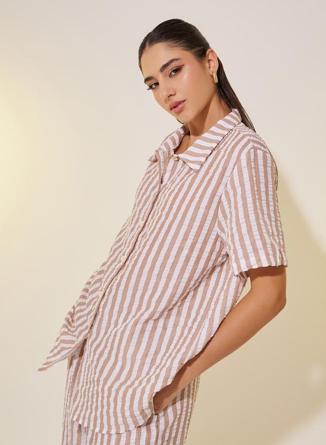 Take Two Striped Short Sleeve Shirt and Straight Leg Pants Set
