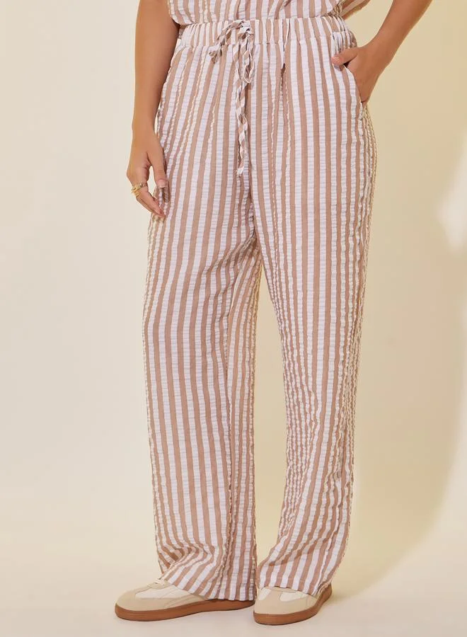 Take Two Take Two Striped Short Sleeve Shirt and Straight Leg Pants Set