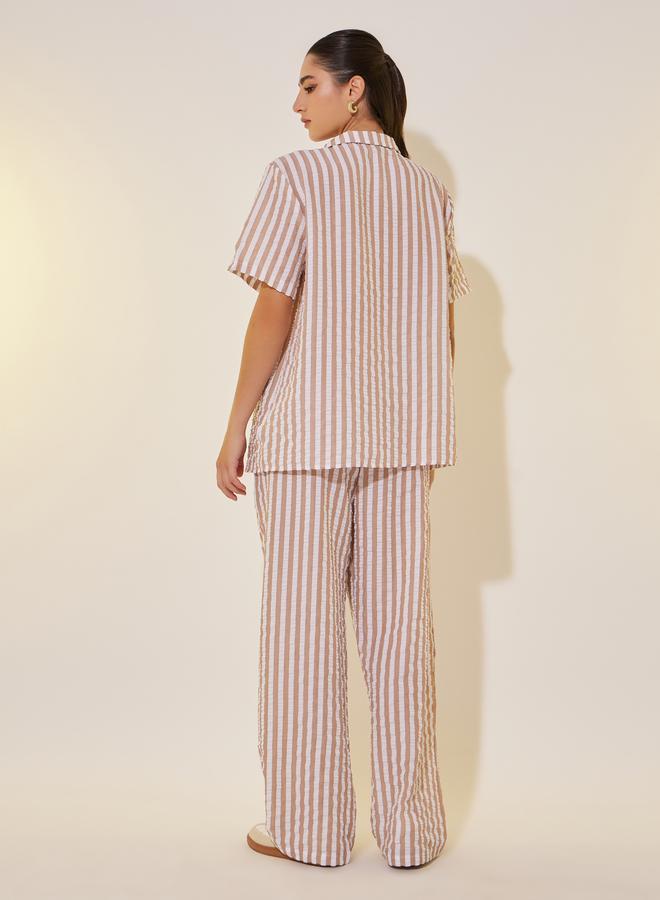 Take Two Striped Short Sleeve Shirt and Straight Leg Pants Set