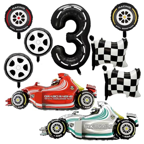 YiYou Number 3 Race Car Balloons 43 Inch Race Car Party Decorations Wheel Tire Balloons Black and White Checkered Foil Balloons Car Balloons for Boys 3rd Birthday Party Decoration Pack of 9 - Image 1