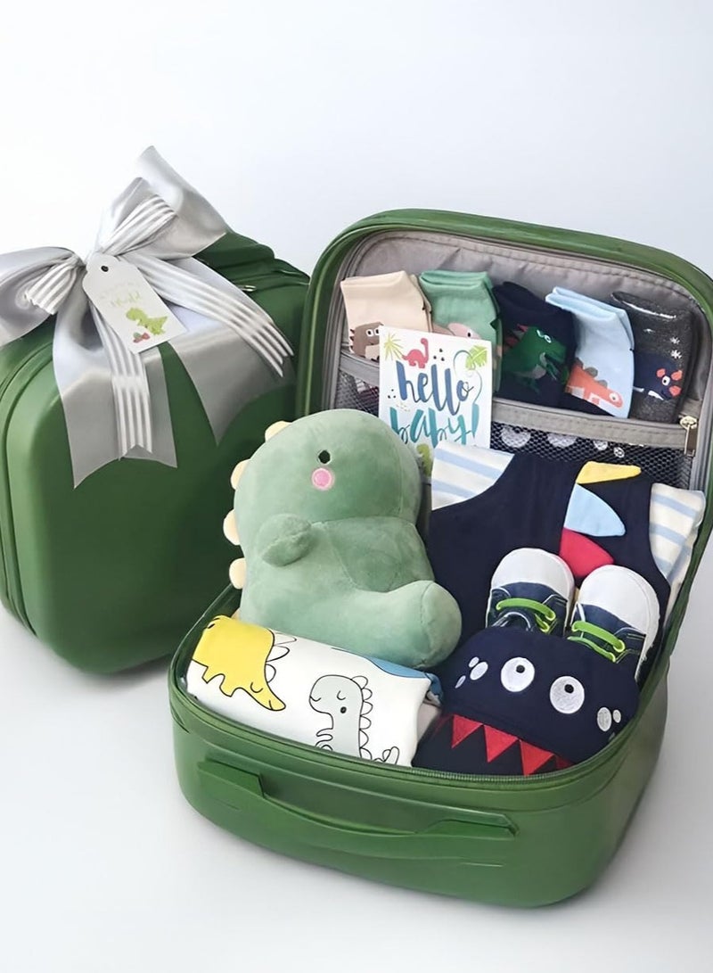 Premium Dino-Themed Baby Gift Set - 13-in-1 Newborn Essentials with Rompers, Hat, Socks, Shoes, Plush Dino Toy, Blessing Card u0026 Storage Suitcase Newborn Essential for Boys and Girls - Image 1