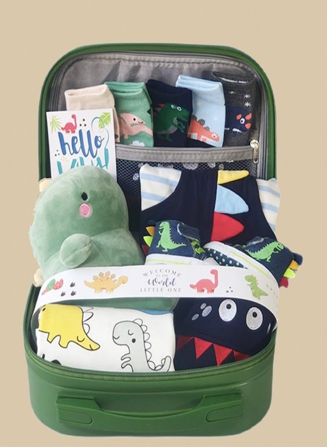 Premium Dino-Themed Baby Gift Set - 13-in-1 Newborn Essentials with Rompers, Hat, Socks, Shoes, Plush Dino Toy, Blessing Card u0026 Storage Suitcase Newborn Essential for Boys and Girls - Image 2