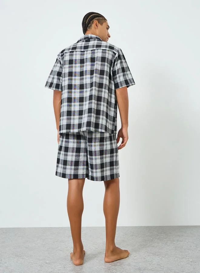 Styli  Men Checkered Cotton Relaxed Fit Shirt and Shorts Set for Men | Best Price UAE