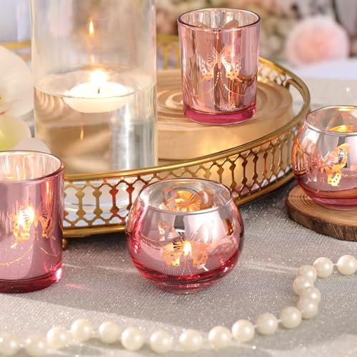Lanttu Pink 12 Pcs Combination Tea Lights Candle Holder Decorative with Butterfly Pattern, Votive Candle Holders for Wedding, Birthday, Anniversary, Parties, and Holiday Decorations - Image 2