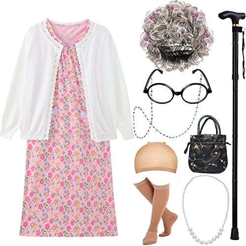 EBYTOP 100 Days of School Costume for Kids 100th Day Halloween Old Lady Costume Dress up Granny Wig Grandma Glasses Cane1WH 46 Years - Image 1