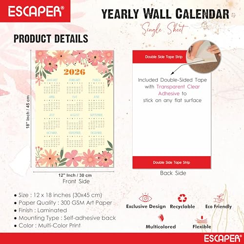 ESCAPER Wall Calendar 2026 – 12 x 18 Inch, Laminated 300 GSM Paper, Easy-to-Stick, Durable & Stylish Yearly Planner for Home, Office & Gift for Family or Colleagues - Image 4