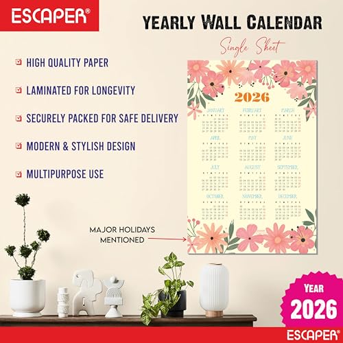 ESCAPER Wall Calendar 2026 – 12 x 18 Inch, Laminated 300 GSM Paper, Easy-to-Stick, Durable & Stylish Yearly Planner for Home, Office & Gift for Family or Colleagues - Image 2