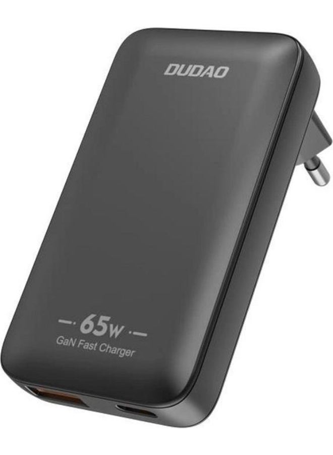 دوداو شاحن حائط Dudao GaN A65Q 65W USB-A/USB-C PD فائق النحافة - أسود - Image 1