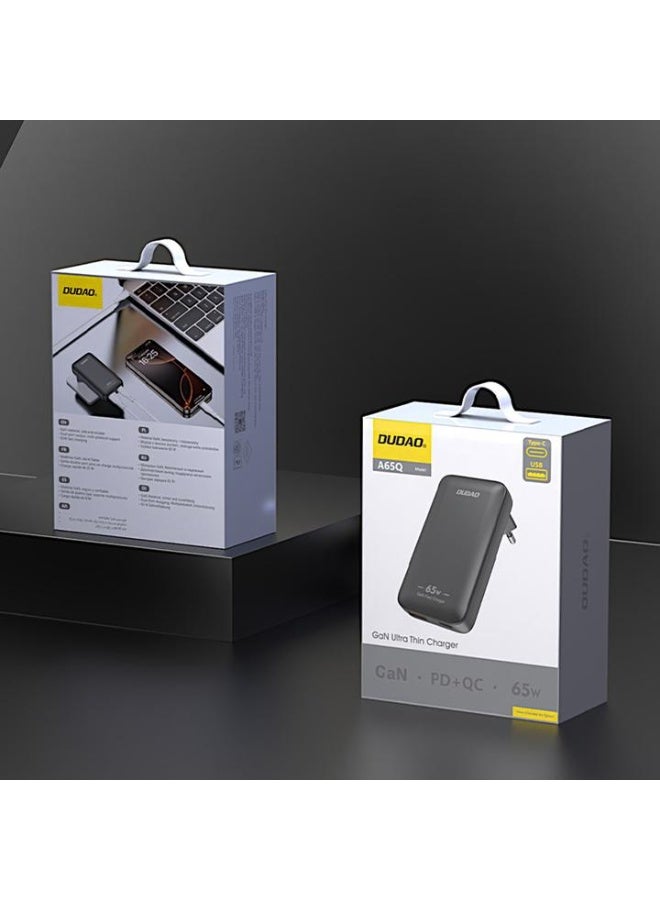 دوداو شاحن حائط Dudao GaN A65Q 65W USB-A/USB-C PD فائق النحافة - أسود - Image 2