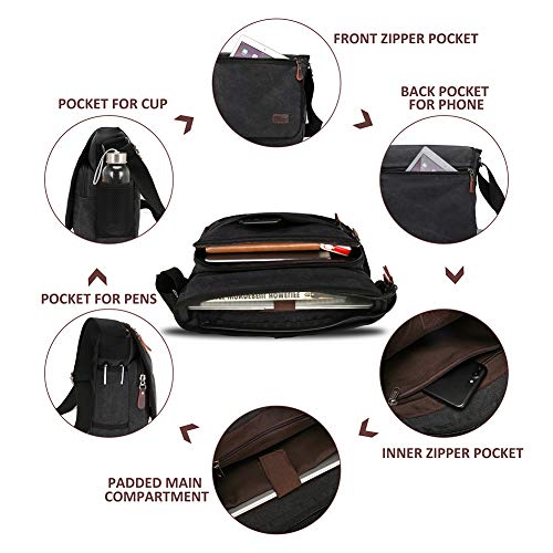 Modoker Messenger Bag for Men Women, 13 Inches Laptop Satchel Bags, Canvas Shoulder Bag with Bottle Pocket, Black - Image 4