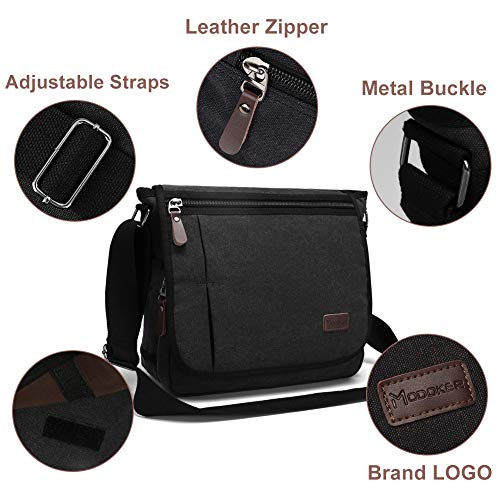 Modoker Messenger Bag for Men Women, 13 Inches Laptop Satchel Bags, Canvas Shoulder Bag with Bottle Pocket, Black - Image 3
