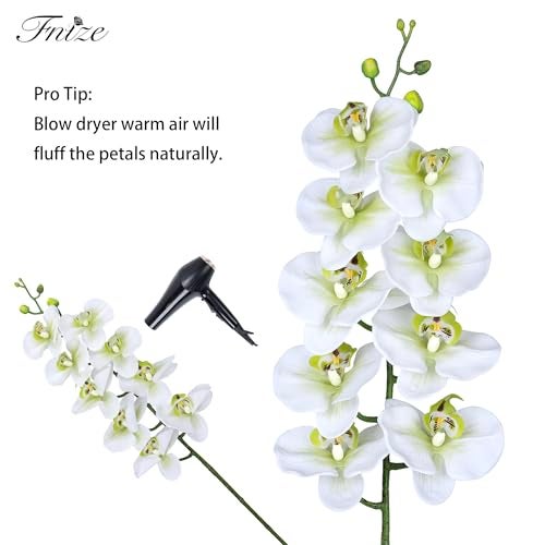 Fnize Faux Orchid Stems Real Touch Artificial Phalaenopsis Flowers Latex Petals 38 Inches 2pcs (Green White) - Image 3