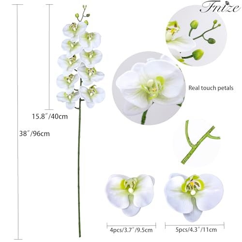 Fnize Faux Orchid Stems Real Touch Artificial Phalaenopsis Flowers Latex Petals 38 Inches 2pcs (Green White) - Image 2