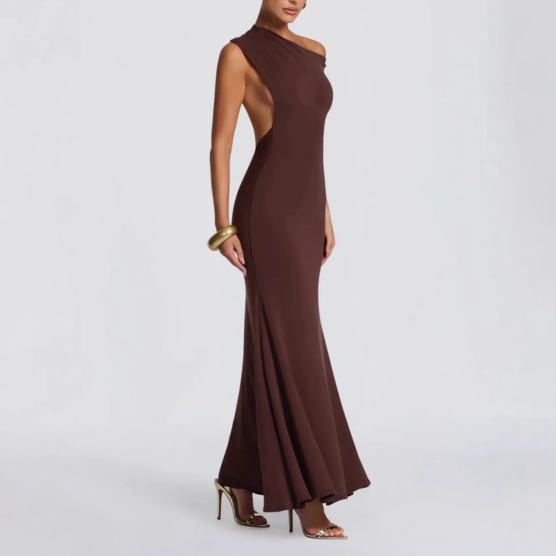 2026 New Style Diagonal Neckline Backless Hip-Hugging Simple Solid Color Elegant Dress - Image 3