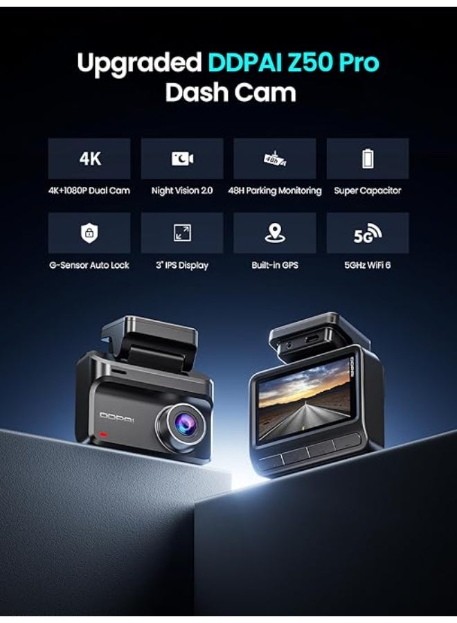 DDPAI Dash Cam Front and Rear 4K+1080P Dashcam for car, Included 64GB Card, Built-in 5G Wi-Fi 6 GPS, 3'' IPS Screen, 48H Parking Mode, Super Night Vision, ADAS, Loop Recording, Z50 Pro - Image 5