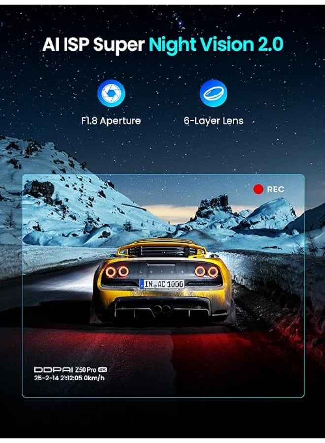 DDPAI Dash Cam Front and Rear 4K+1080P Dashcam for car, Included 64GB Card, Built-in 5G Wi-Fi 6 GPS, 3'' IPS Screen, 48H Parking Mode, Super Night Vision, ADAS, Loop Recording, Z50 Pro - Image 3