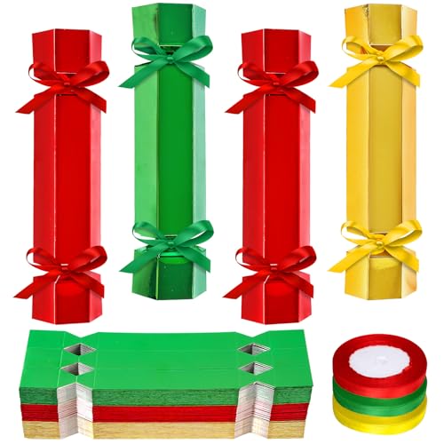 Whaline 60 Packs Christmas NoSnap Party Table Favors DIY Red Green Gold Color Christmas Paper Cracker Candy Boxes with Ribbon for Xmas Gift Stocking Stuffers Holiday Party Dinner Traditions Decor - Image 1