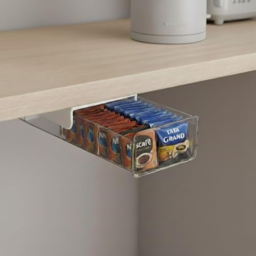 oddpod™ Acrylic Under The Table Hidden Drawer with Detachable Partitions/Pull-out Transparent Desk Organizer Tray for Home & Office - White (Small) - Image 2