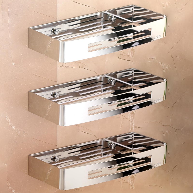 FORTUNE Premium 304 Grade Stainless Steel Wall Mount Shelf MultiFunctional Storage ShelfRack Bathroom Accessories Homes Hotels 12 x 5 Inch Chrome Finish Pack of 3 - Image 1