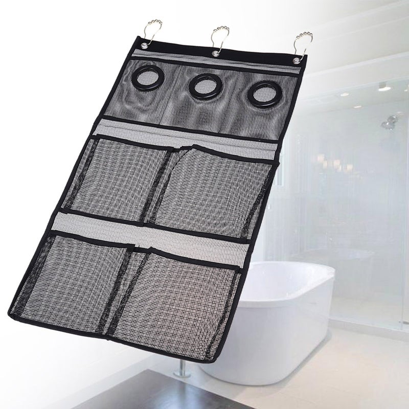 Hanging Mesh Shower Caddy Organizer with 7 Pockets Shower Curtain Rod Liner Hooks Bathroom Wall Door Organization Bathroom Accessories with 3 Rings - Image 5