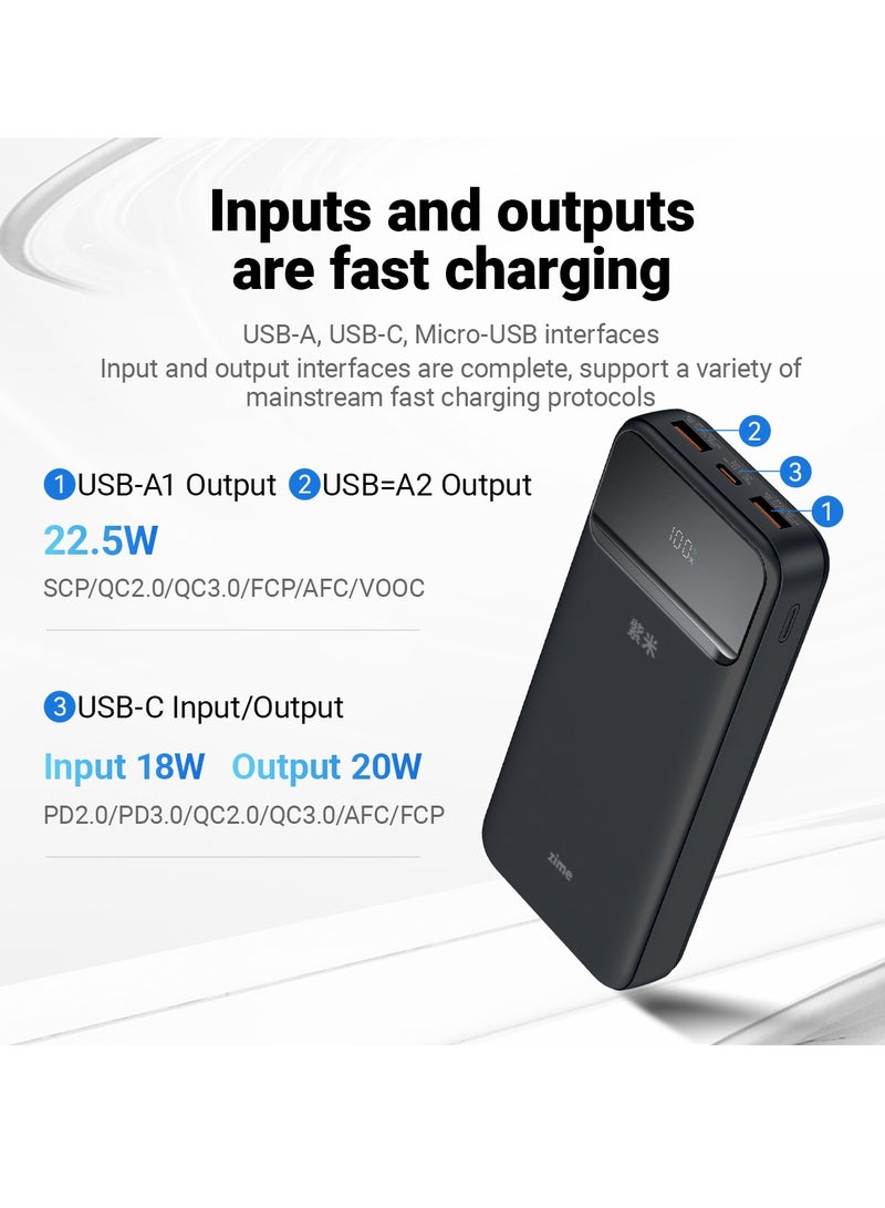 زيم بنك الطاقة zime B225، بسعة 20000 مللي أمبير وقوة قصوى 22.5 واط، شاحن محمول سريع، منفذ USB-C واحد، منفذان USB-A، بطارية احتياطية لأجهزة iPhone من سلسلة 16/15/14/13، وGalaxy، وغيرها. - Image 3