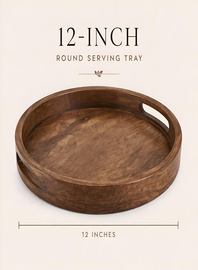 CLEENTABLE Rustic Wooden Serving Tray - 12" Round Handcrafted Ottoman Tray - Farmhouse & Vintage Centerpiece, Multi-Functional Food & Beverage Tray, Durable Décor, Indoor/Outdoor Platter (Walnut) - CLEENTABLE - Image 4