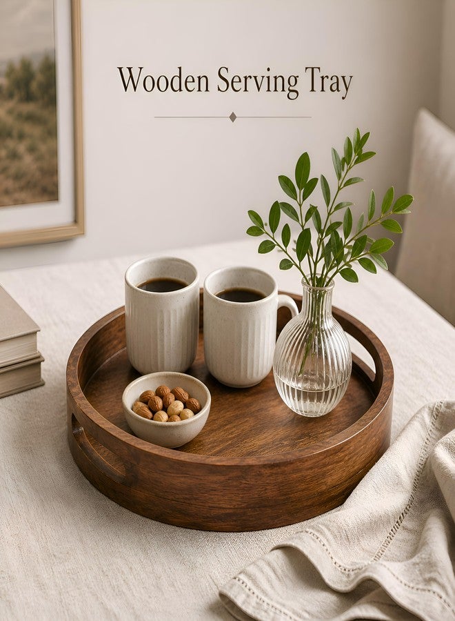 CLEENTABLE Rustic Wooden Serving Tray - 12" Round Handcrafted Ottoman Tray - Farmhouse & Vintage Centerpiece, Multi-Functional Food & Beverage Tray, Durable Décor, Indoor/Outdoor Platter (Walnut) - CLEENTABLE - Image 2