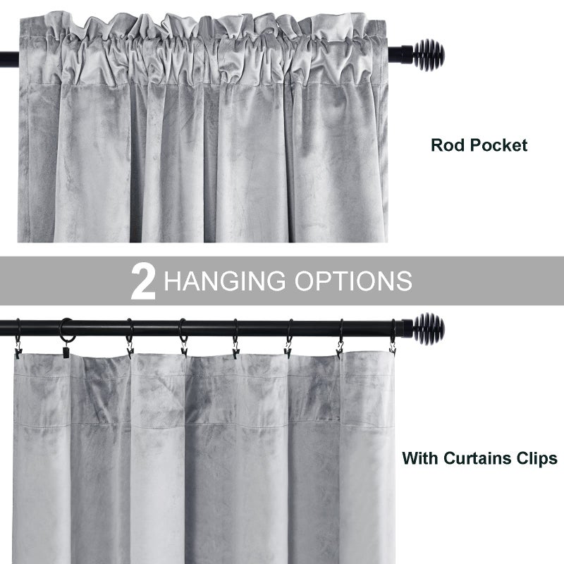 JIUZHEN Velvet Curtains Silver Grey Blackout Curtains Thermal Insulated & Noise Reducing Rod Pocket Window Drapes for Living Room/Hotel Hall  Set of 2 Panels  W52 by L96  Silver Grey - Image 3