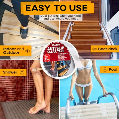Trazon Grip Tape - Heavy Duty Anti Slip Tape Clear Outdoor/Indoor 1In*35Ft, Non Slip Roll/Stickers Easy to Cut Waterproof for Bathtub, Shower Floor, Pool, Stairs Safety Non Skid, Comfortable for Bare Foot - Image 3