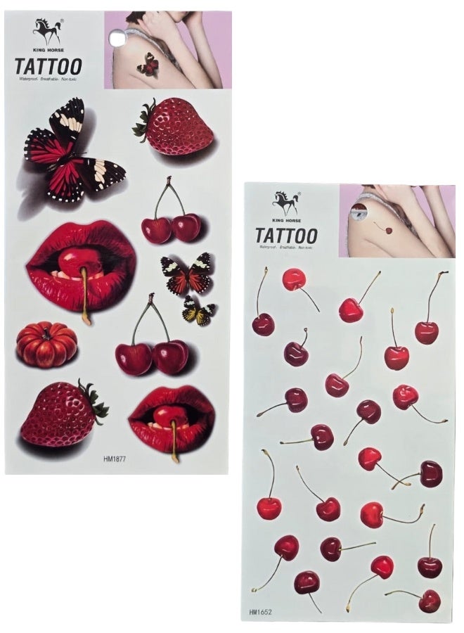 2-Pack Waterproof Temporary Tattoo Stickers for Women – Realistic Cherry Designs, English Quotes, Floral Bow & Apricot Elements, Easy Apply Body Art Tattoos, Perfect for Fun Makeup, Parties, Festivals & Gifts - Image 1