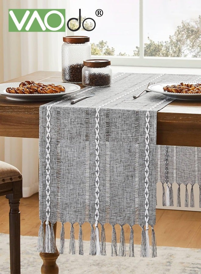 فاو دو مفرش طاولة ريفي من الكتان، مفرش طاولة على طراز المزرعة مع شرابات، مفرش طاولة طويل مطرز لحفلات الزفاف والمطاعم والمطابخ والحفلات 33*220 سم - Image 1