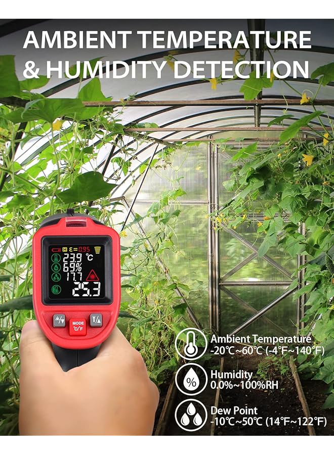 مسدس ترمومتر الأشعة تحت الحمراء من -58 درجة فهرنهايت إلى 1202 درجة فهرنهايت، مسدس حراري ليزري بالأشعة تحت الحمراء للكشف عن العفن، ودرجة الحرارة المحيطة، ودرجة حرارة السطح، والرطوبة، مع إنذار تلقائي لدرجة حرارة نقطة الندى، ومسبار حراري أسود - Image 4