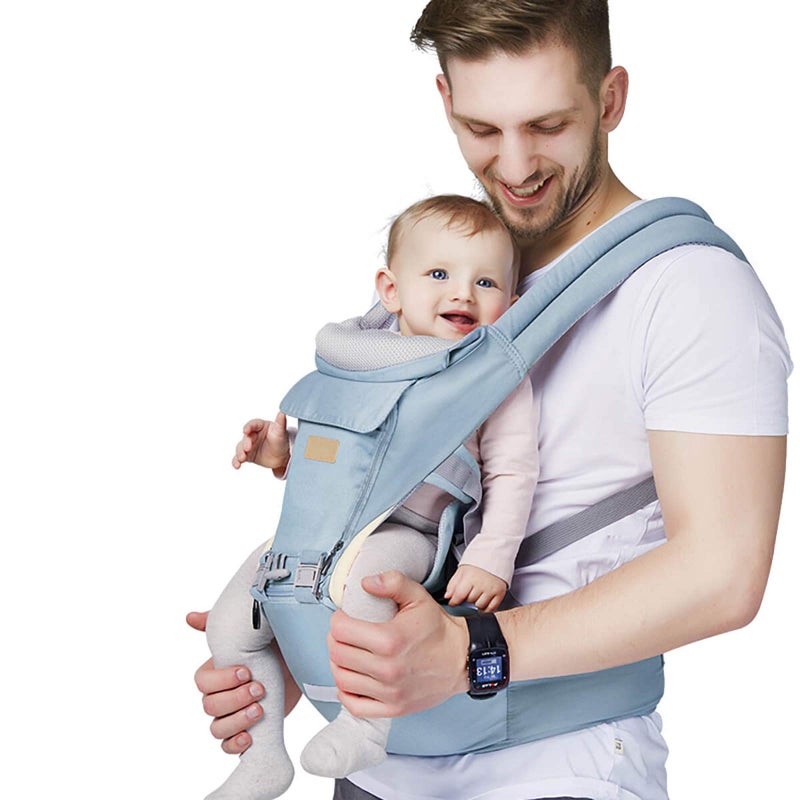 FRUITEAM 6in1 Baby Carrier with Waist StoolHip Seat for Breastfeeding One Size Fits All Adapt to Newborn Infant Toddler Blue