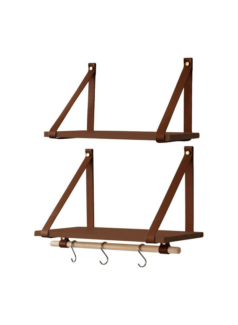 Home Gallery PU Brown Leather Strap Wall Floating Shelves  Brown  - Image 2