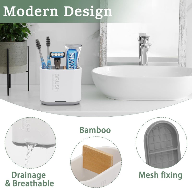Chintu Toothbrush and Toothpaste Holder with Bamboo Divider for Bathroom Countertop Organizer, Detachable for Easy Clean, 2 Slots Electric Toothbrush Holders Storage Caddy Drainage for Family-White - Image 2