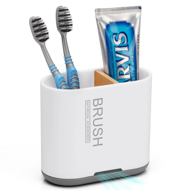Chintu Toothbrush and Toothpaste Holder with Bamboo Divider for Bathroom Countertop Organizer, Detachable for Easy Clean, 2 Slots Electric Toothbrush Holders Storage Caddy Drainage for Family-White - Image 1