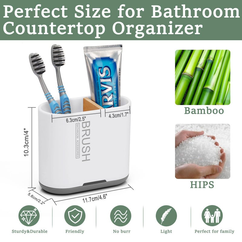 Chintu Toothbrush and Toothpaste Holder with Bamboo Divider for Bathroom Countertop Organizer, Detachable for Easy Clean, 2 Slots Electric Toothbrush Holders Storage Caddy Drainage for Family-White - Image 4