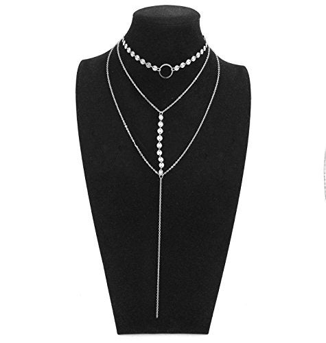 Suyi Stylish Layered Sequins Choker Necklace with Thin Long Chain Pendant for Women Lady A-Silver - Image 5