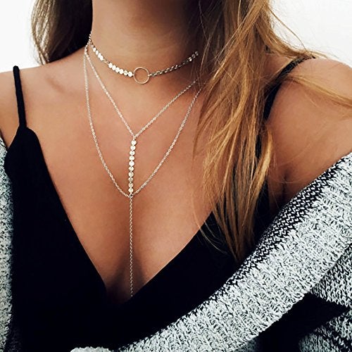 Suyi Stylish Layered Sequins Choker Necklace with Thin Long Chain Pendant for Women Lady A-Silver - Image 2
