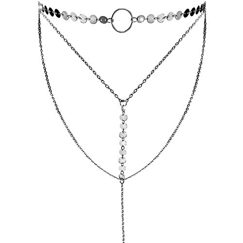 Suyi Stylish Layered Sequins Choker Necklace with Thin Long Chain Pendant for Women Lady A-Silver - Image 1