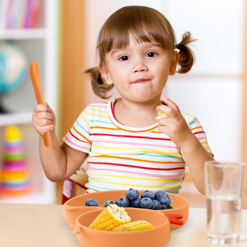 Qshare Powerful Suction Plates for Baby and Toddler,Baby Divided Plate,Thanksgiving Plates with Fork and Spoon,Duck Baby Plate Non-Slip,BPA Free,Microwave & Dishwasher Safe (Orange) - Image 4