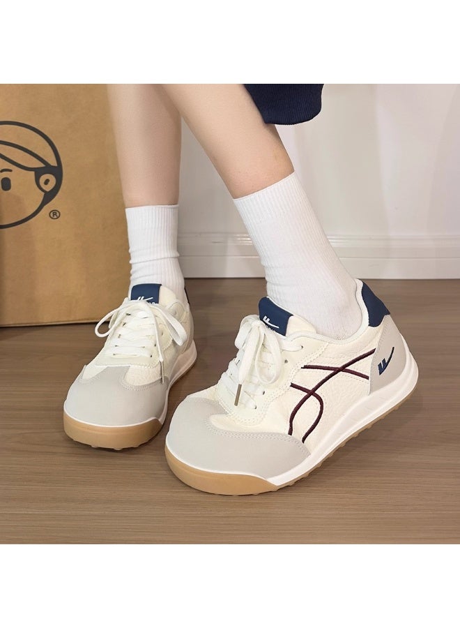 Warrior Retro Casual Sneakers for Women - Beige Blue Color Block, Round Toe, Trendy Vintage Sports Shoes