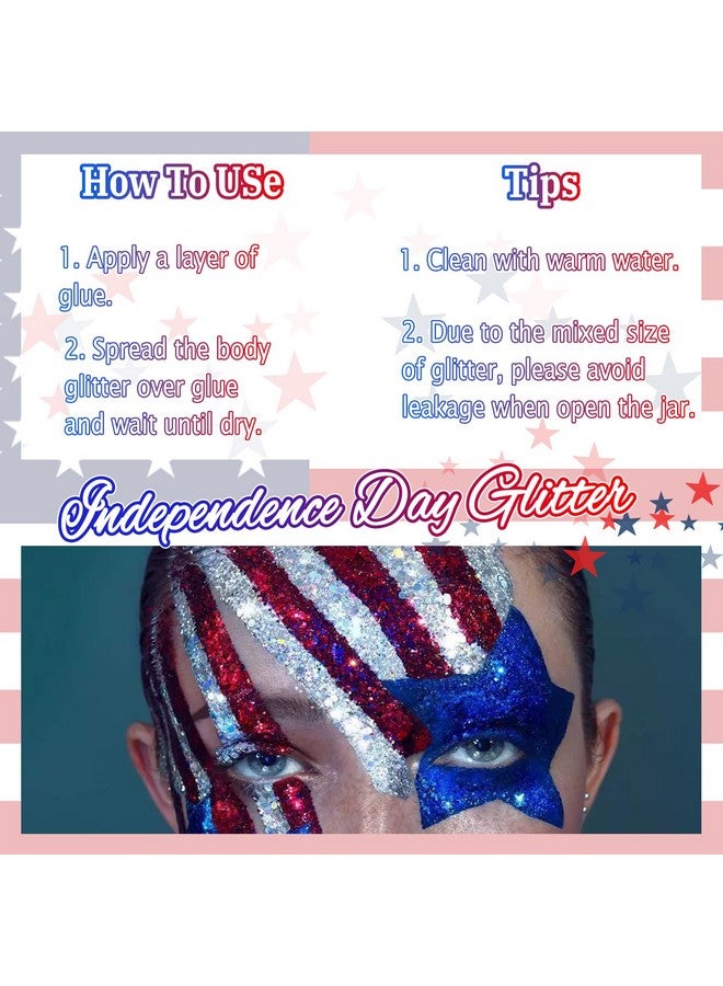 Laza Independence Day Body Glitter 2 Jars Red Blue White Chunky Sequins With Glue Women Eyeshadow 4Th Of July Face Paint Festival Rave Outfit Hair Accessories Party Costumescircus Carnival - Image 4