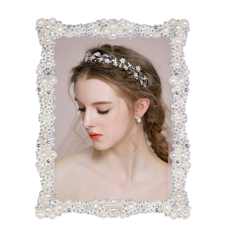 DIKAR 5x7 Picture Frame with Rhinestones for Wedding Gift Pearl Picture Frame Silver Plated with HD Acrylic Finish for Tabletop Display